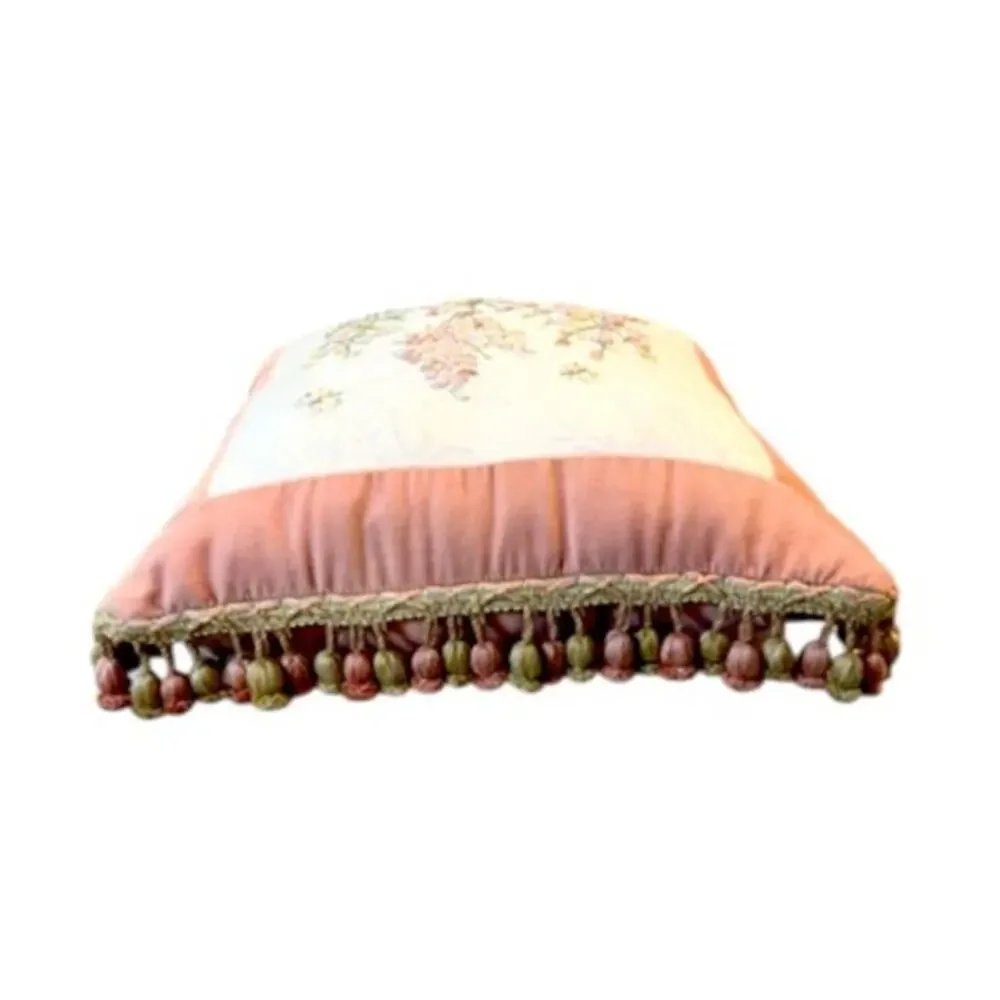 Botanical Embroidered Accent Pillow Pink Velvet Tassel Fringe